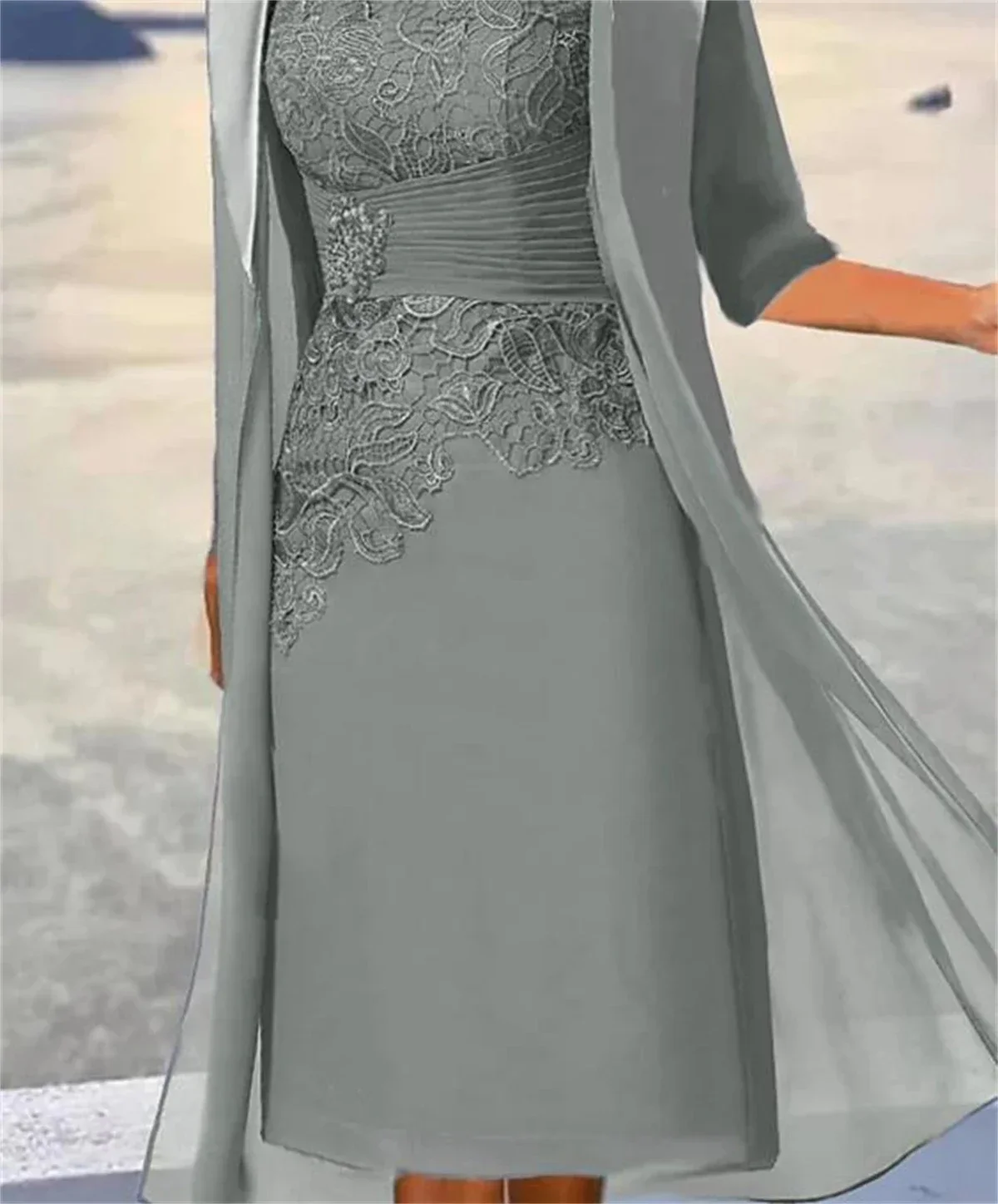 Mother of the Bride Dresses For Weddings Midi Dusty Blue Knee-Length Floral Lace Appliques Layered Ruched فستان - 5