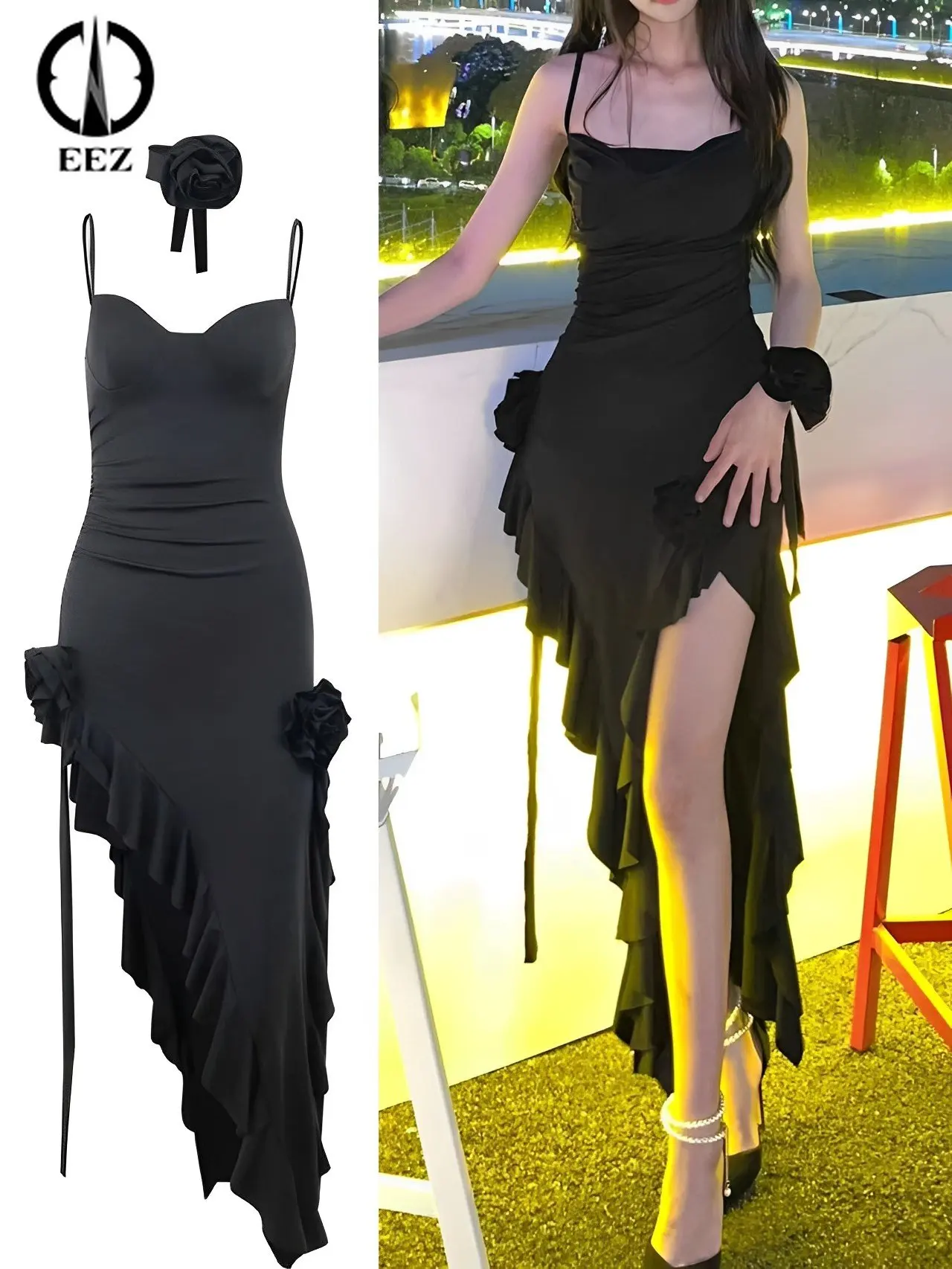 

Black Rose Asymmetrical Sexy Dress Women Elegant High Waist Folds Summer Dress Slim Spliced Ruffles Coquette Aesthetic Y2k Dress