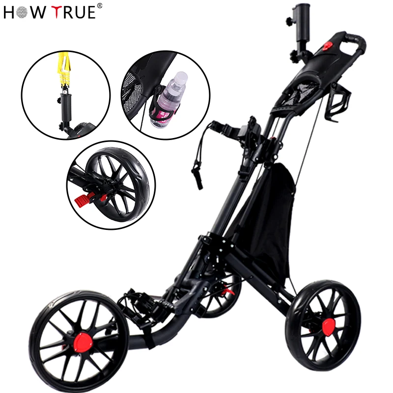 Folding Golf Trolley, 3-Wheel Pull Push Cart with Storage Bag Multi-Function Panel Umbrella Stand