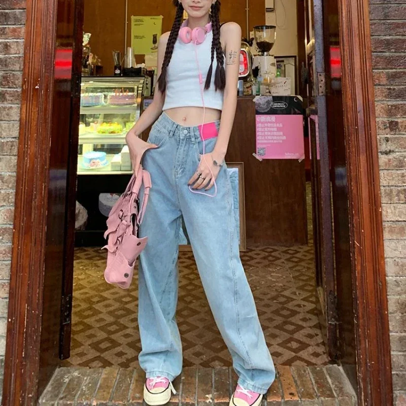 

Синие женские джинсы с высокой талией, Стрейчевые брюки для женщин с прямыми штанинами и карманами, 2024, качественные, стильные, Южная Корея, R