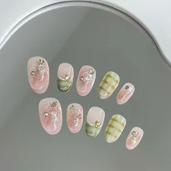 10-Piece Handmade Pink Rhinestone French Manicure Press-On Nail Set (1 Size L)