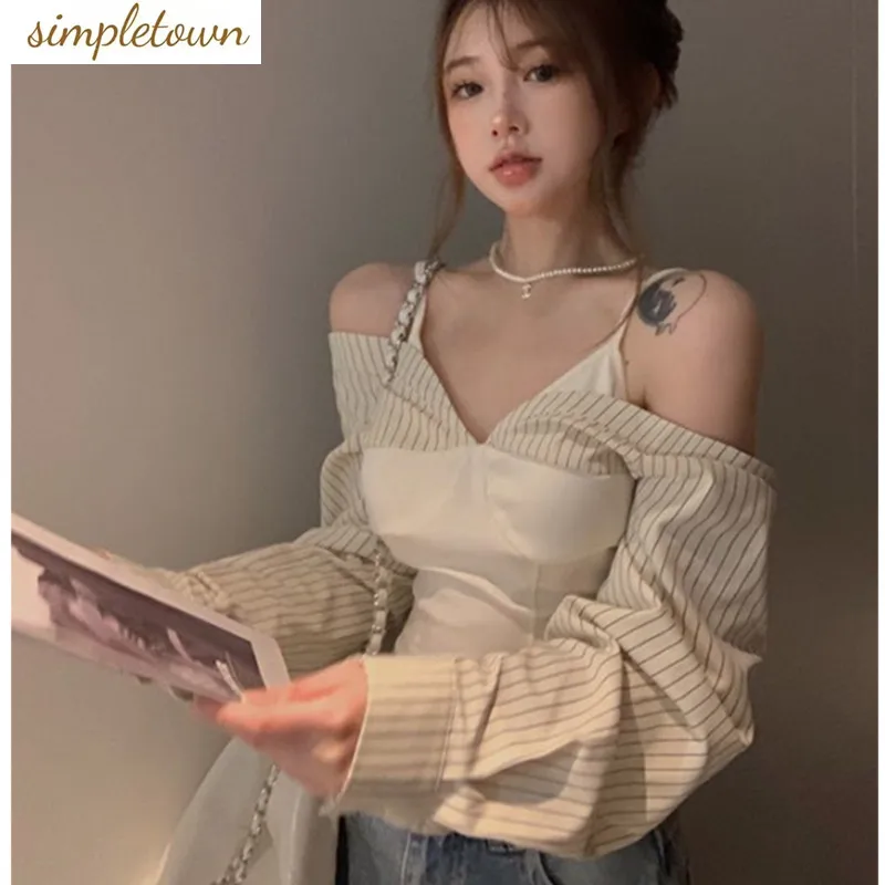 2024 Spring/Summer Korean Edition New Off Shoulder Long Sleeved Striped Shirt Panel Top Slim Fit Short Shirt