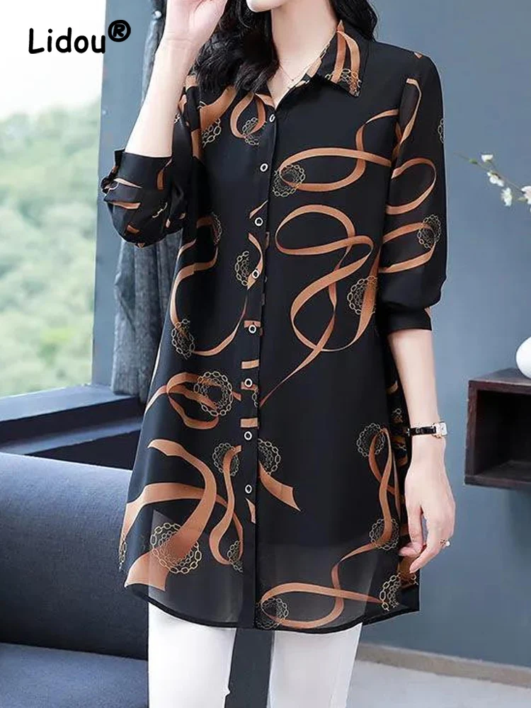 Elegance Office Printing Single-breasted Top Women Summer New Long Sleeve Loose Extended Section Polo Collar Large Size Shirt