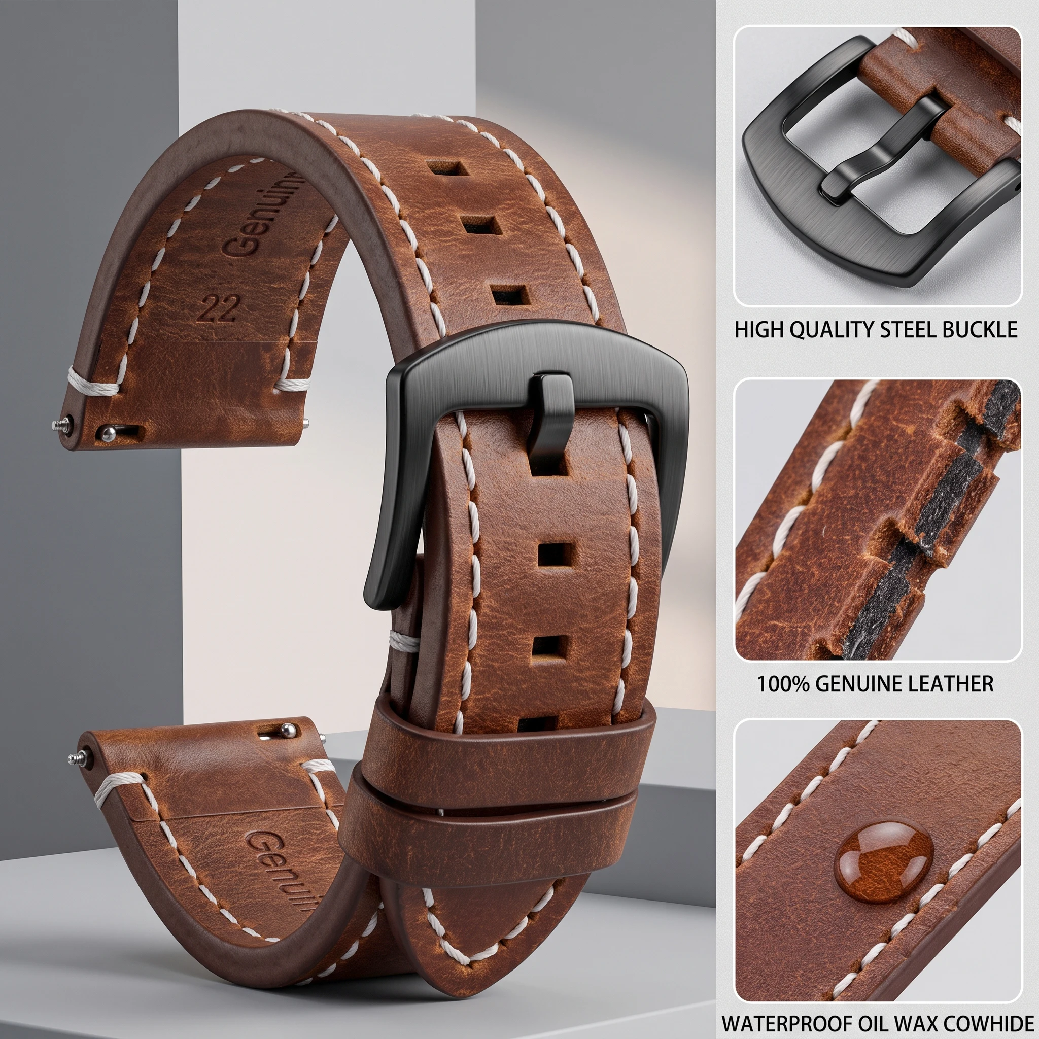 Vintage Genuine Leather Watch Band with Quick Release - Handmade Oil Wax Discoloration Casual Strap