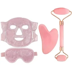 4 - Piece Radiant Glow Facial Care Set: Gel Mask, Eye Gel Mask, Resin Gua Sha, and Massage Roller (Pink)