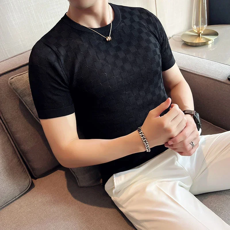 

Men's Short Sleeve T-shirt 2024 Summer Thin High Elastic Slim Fit Knit Tee Shirts Tops O Neck Solid Casual Fashion Men Clothing
