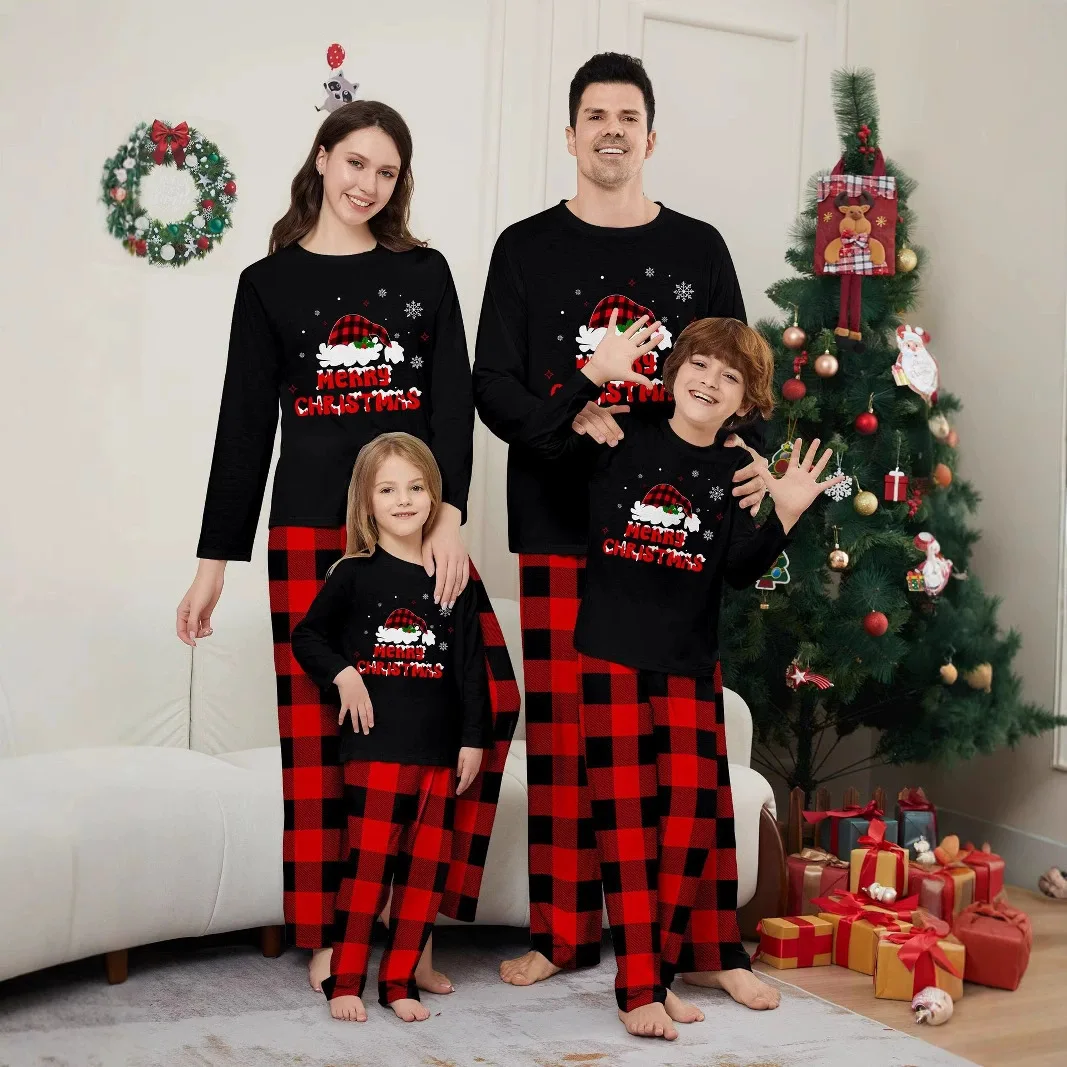 Christmas Family Pack Family New Year Set Christmas Cotton Soft Family Pajamas Home Set Black New Year Atmosphere