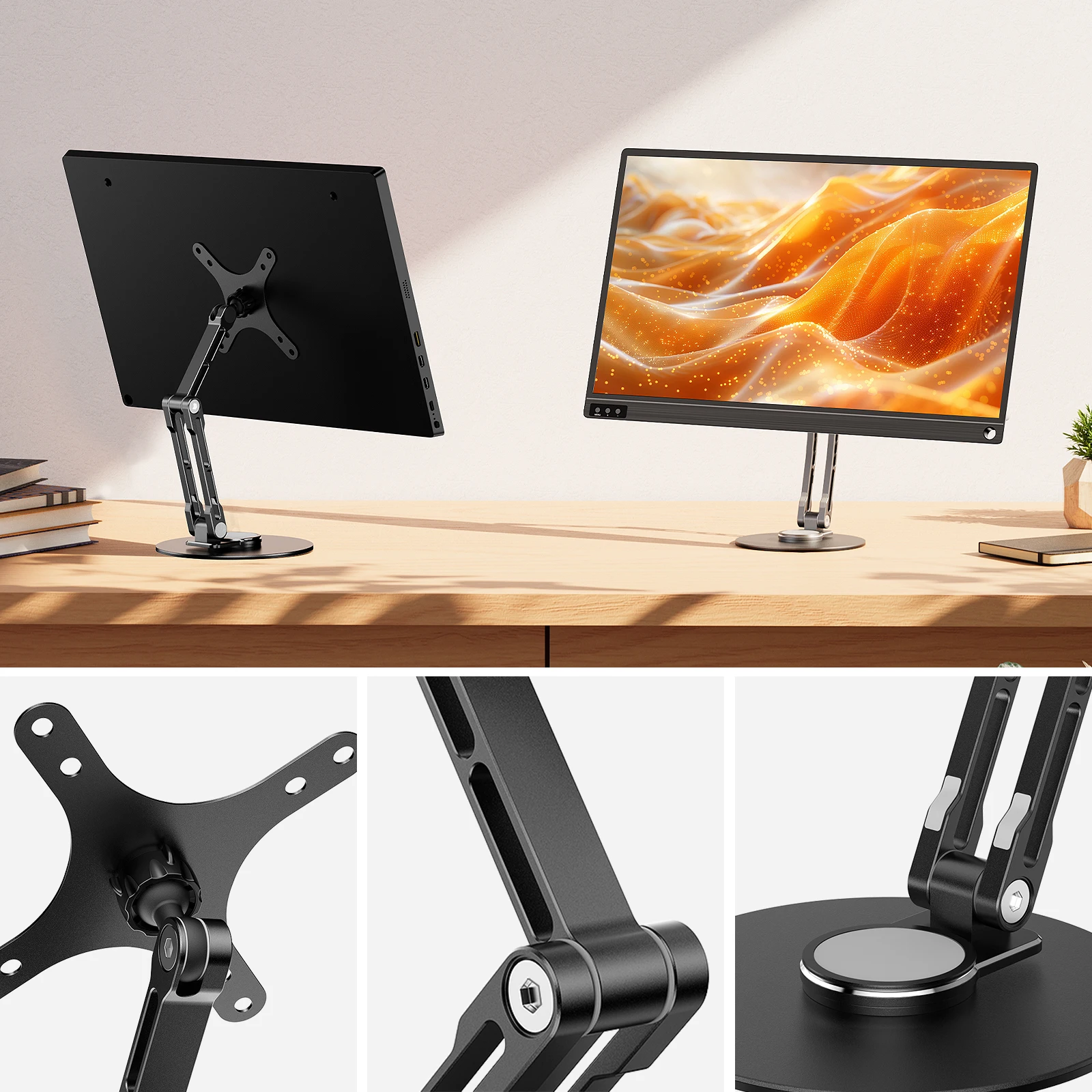Supporto VESA Per Monitor Fino A 19", 50/75/100 Mm, Rotazione A 5 Assi E 360°, Base In Alluminio, Pieghevole E Portatile