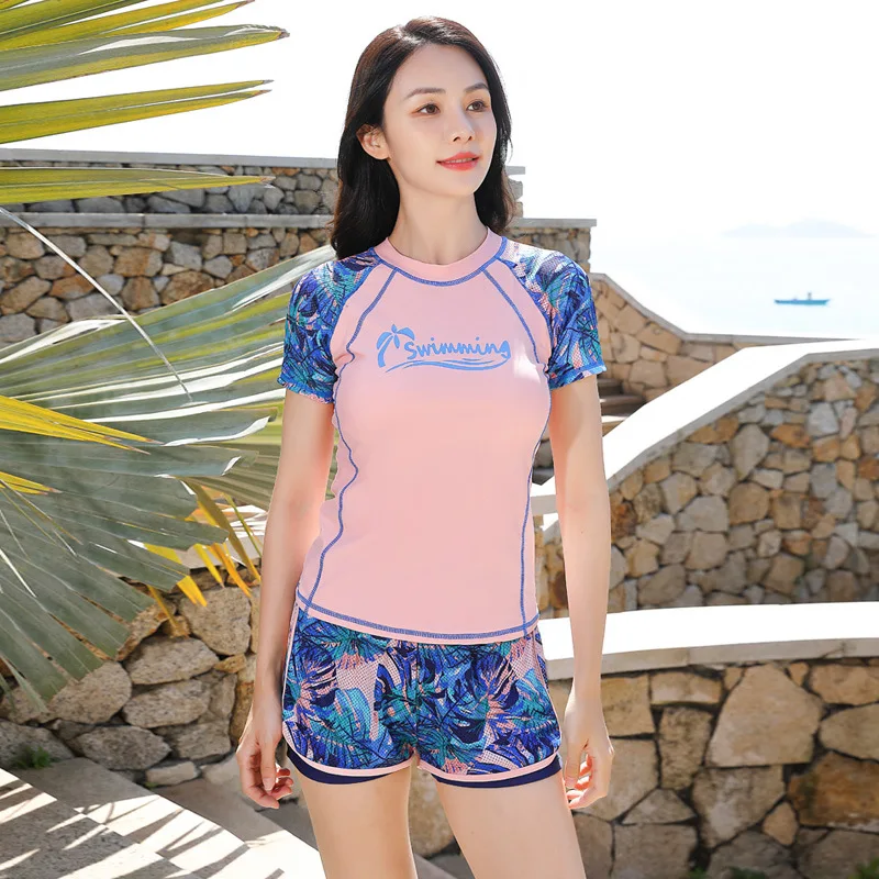 여성용 투피스 래쉬가드 반팔 자외선 차단 수영 셔츠, 내장 브래지어 목욕 세트, 보이쇼츠 하의 선수트