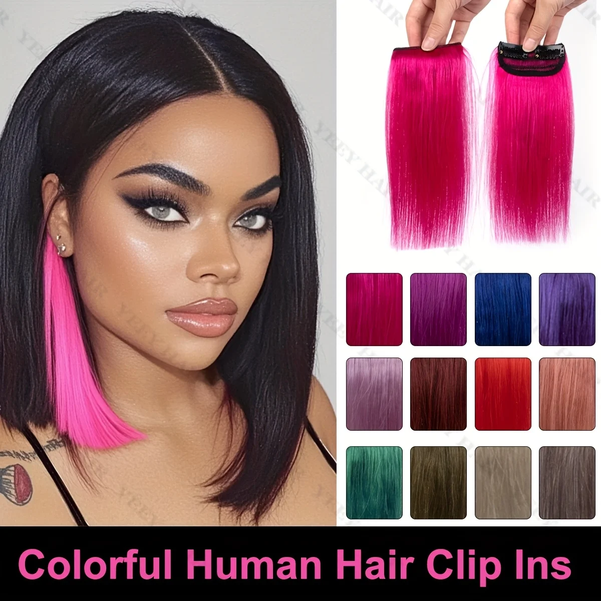 2 Clips Human Hair Clip-In Extensions Straight Hair 20cm Heat-Stylable DIY Hair Extensions - Hot Pink, Red, | Unisex for Women