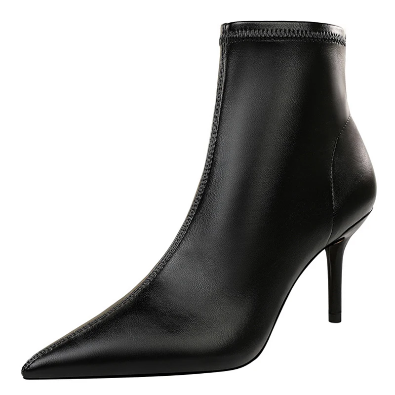 Botas de cuero de tacón alto para mujer, botines de tacón alto de aguja con punta estrecha, mantienen el calor, invierno - Image 4