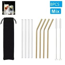 Eco-Friendly Reusable Glass and Metal Drinking Straws with Cleaning Brushes for Smoothies and Cocktails (8Pcs Mixed Metal C)