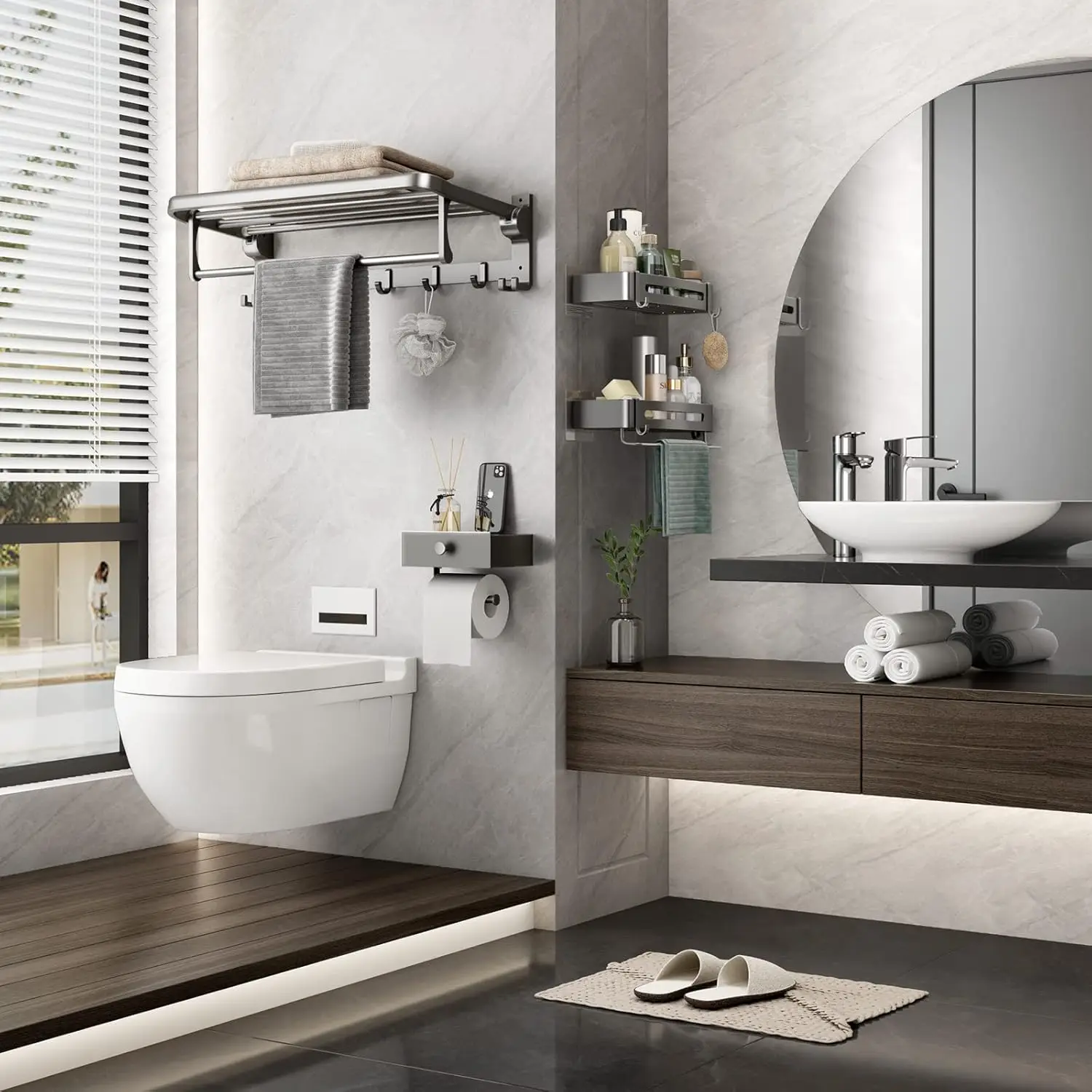 Bathroom Towel Rack with Towel Bar andHooks 23.6 inFoldable Shelf Wall Mounted Lavatory Organizer Modern Gray Finish
