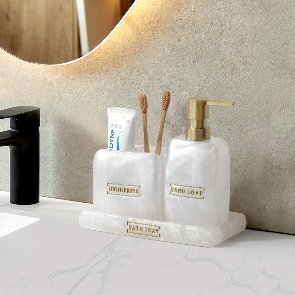 Bathroom Vanity Countertop Accessory Set Soap Dispenser Toothbrush Holder Set Tray Bathroom Accessories White Pearl Look bathroom accessories set,soap dispenser