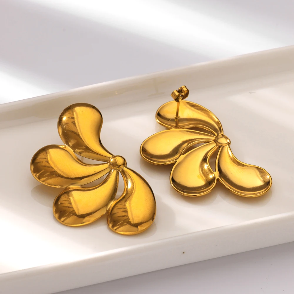 Luxury Stainless Steel Flower Earrings Gold Color Bold Artistic Design