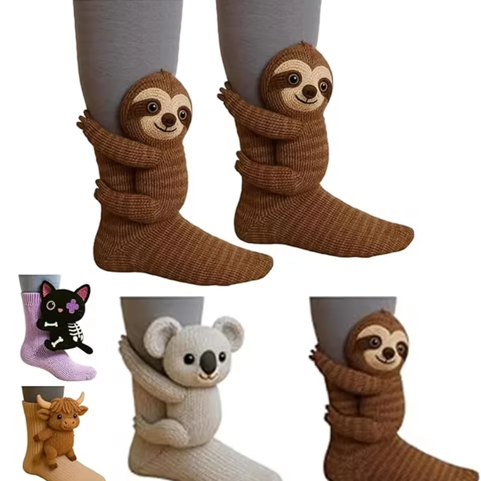 3D Knitted Cute Animal Socks Novelty Koala Cat Sloth Hug Sock Handmade Crocheted Warm Socks Funny Santa Stockings Christmas Gift