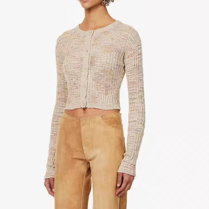 

Solid color versatile Slim short long-sleeved knitted cardigan autumn thin y2k hole broken micro see-through Cardigan for women
