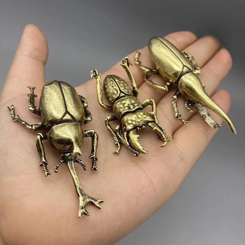 Retro Brass Beetle Figurines - Unique Insect Ornaments for Desk Decor and Collectible Gifts