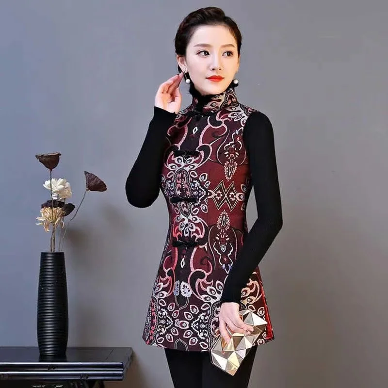 

Chinese Traditional Women's Clothes Female Winter Warm Padded Vests Sleeveless Outwear Sleeveless Cheongsam Retro Vest Tang Suit