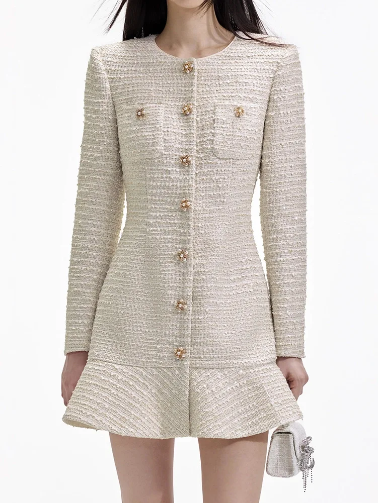 Girly and Glamorous Tweed Fabric Pearl Trim Long Slit Sleeve Pocketed Mini Dress