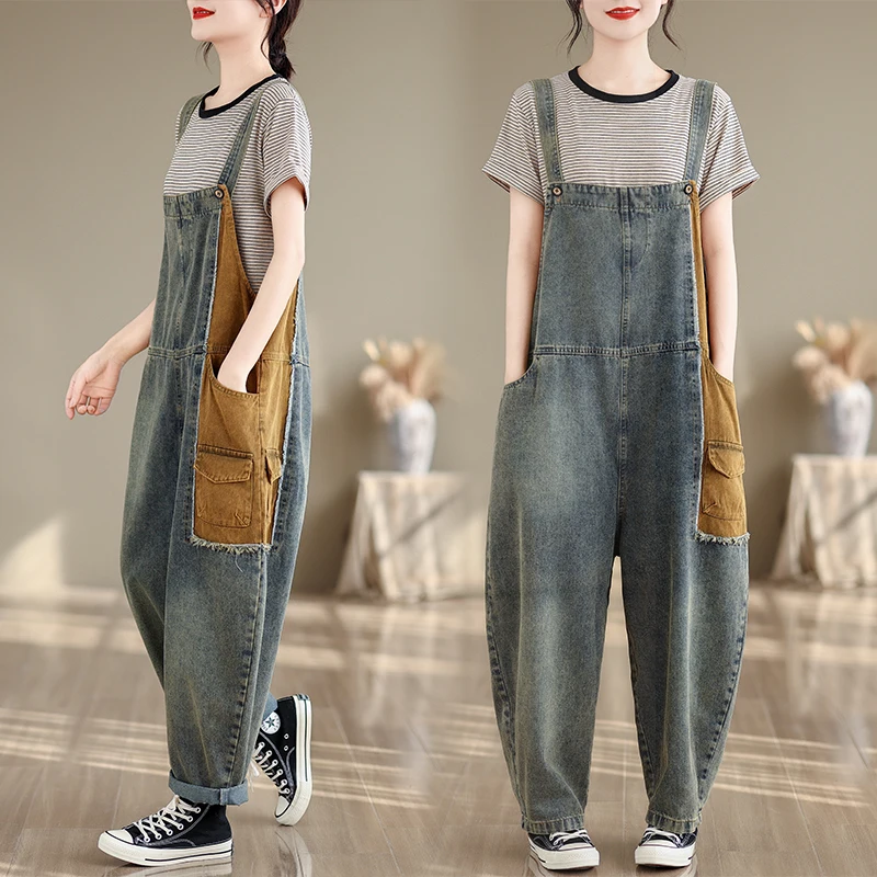 

Aricaca Women High Quality M-2XL Casual Denim Overalls Rompers Pants Fashion Spliced Jumpsuits Jeans