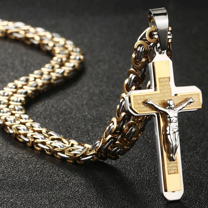 Gothic Bibel Kreuz Kruzifix Jesus Anhänger Halsketten Edelstahl Byzantinische Gliederkette Halsketten für Männer Jungen Gebetsschmuck