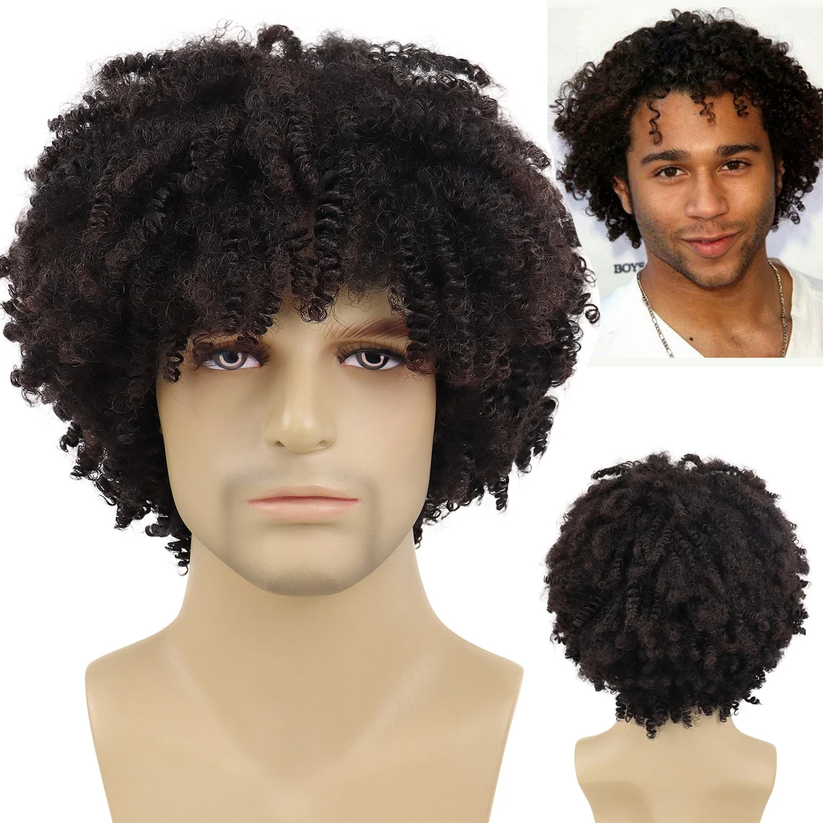 

GNIMEGIL Synthetic Mens Wig Brown Short Hair Curly Wigs Male Natural Hair Cuts Cool Colly Afro Wig for Man Guys Costume Wigs