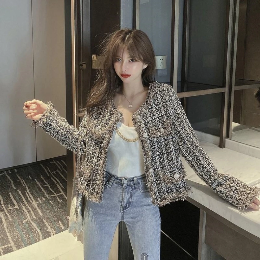 

New Spring Autumn Vintage Tassel Tweed Jacket Top Women Small Fragrance Patchwork Korean Coat Elegant Short Outerwear Oversized