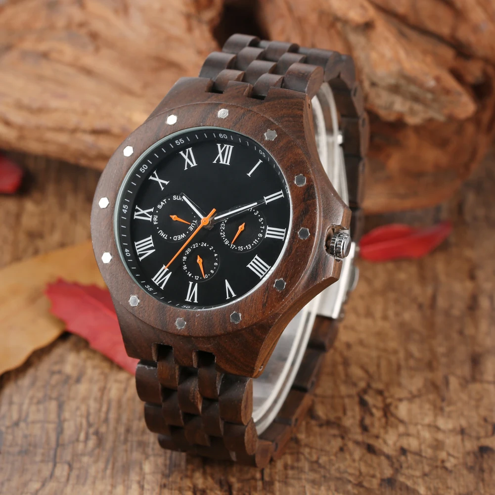 

Punk Vintage Men's Quartz Wristwatch Chronograph Roman Numerals Dial Ebony Wooden Folding Clasp Wristband Natural Stylish