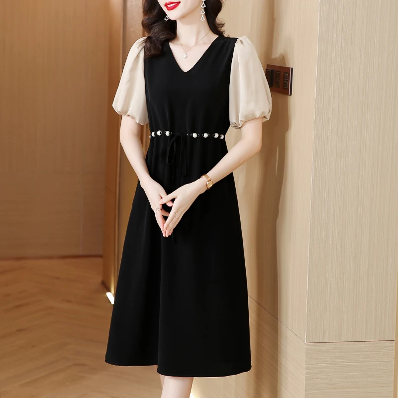 

2023 New Fashion Spliced Silk Dress Women's Summer Elegant Versatile Loose Fit Short Sleeve Casual Holiday Dress Vestidos