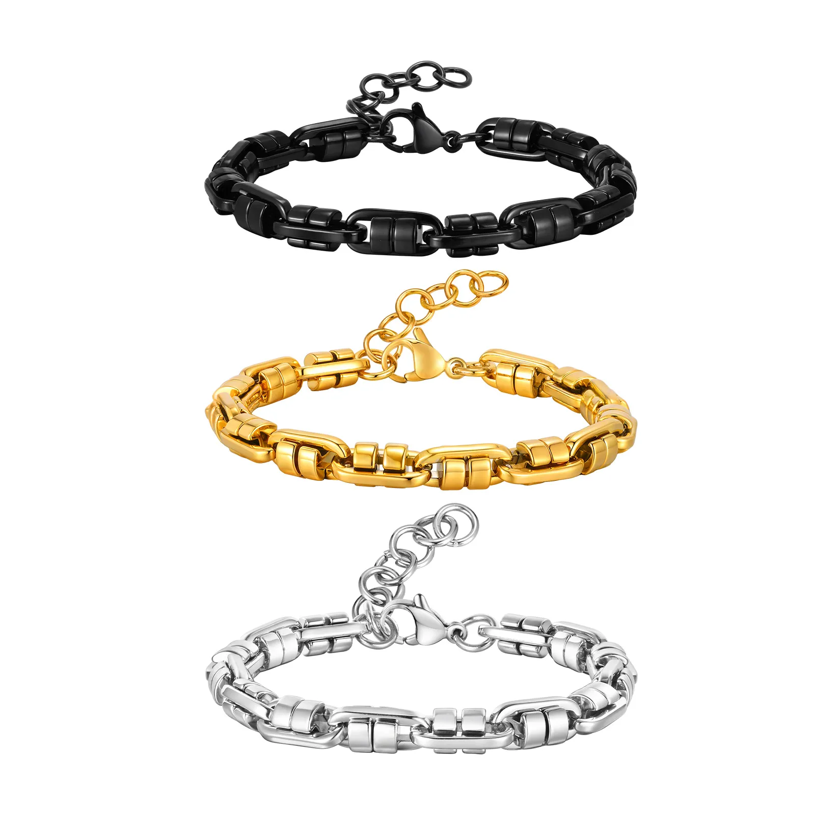Vnox Dickes Punk-Gliederkettenarmband für Männer und Teenager, dreifarbige handgefertigte schwere Kette aus Edelstahl, stilvoller Handschmuck aus Metall