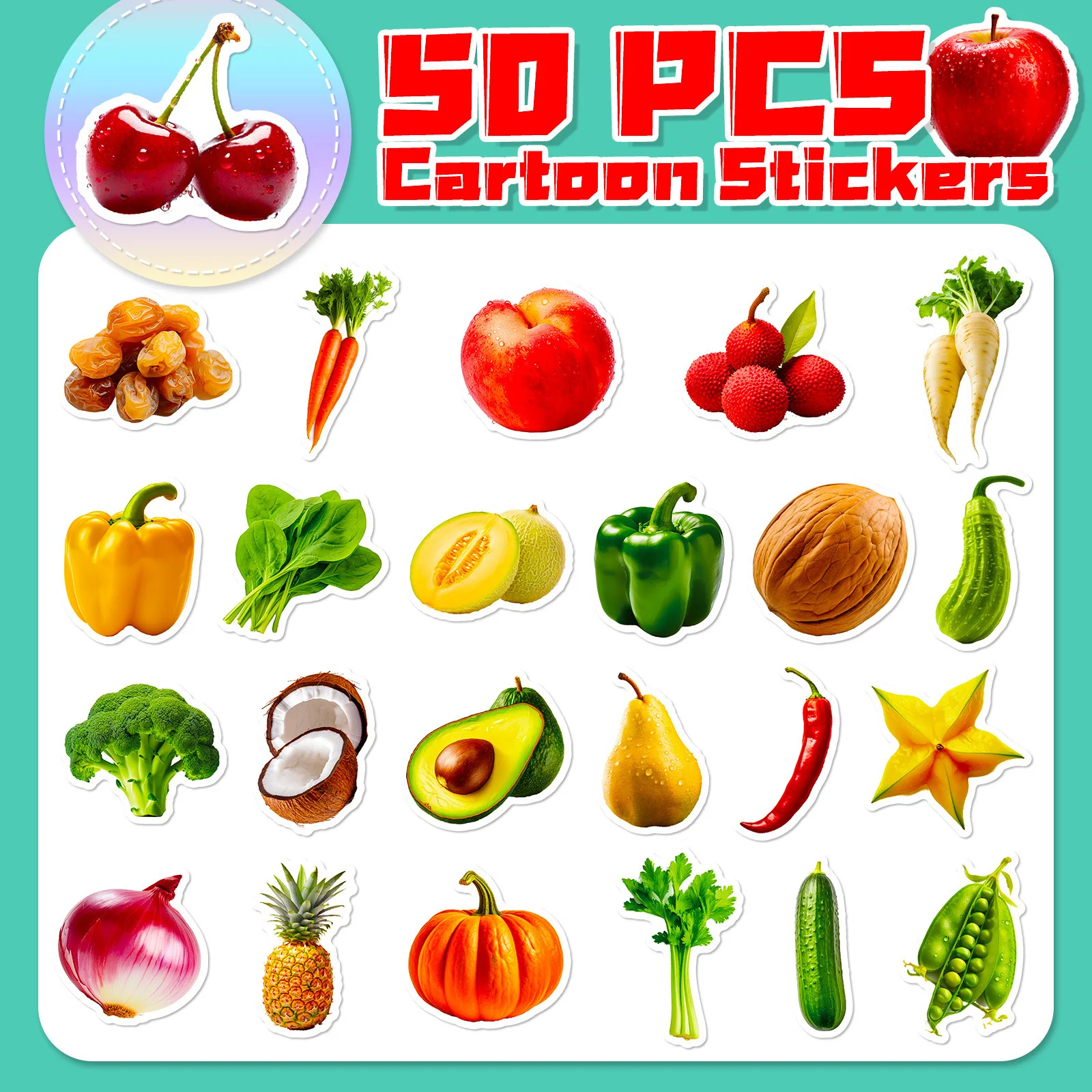 50PCS 생생한 과일 및 야채 포도 체리 당근 브로콜리 스티커 팩 노트북 전화에 대 한 방수 비닐 스티커