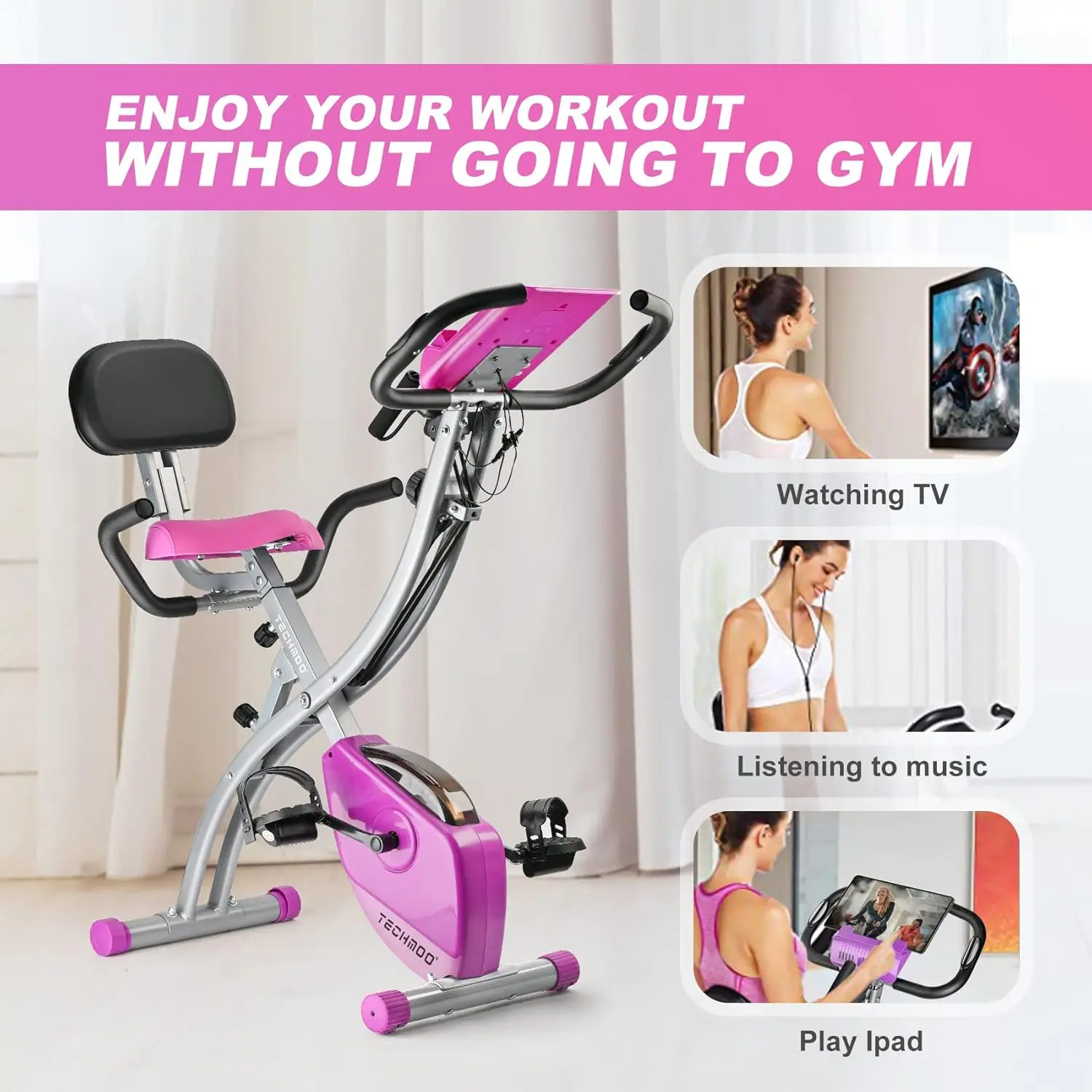 Exercise Bike Portable Upright Adjustable Backrest Cycling Recumbent Stationary Bike Slim Indoor Workout Fitness Cardio