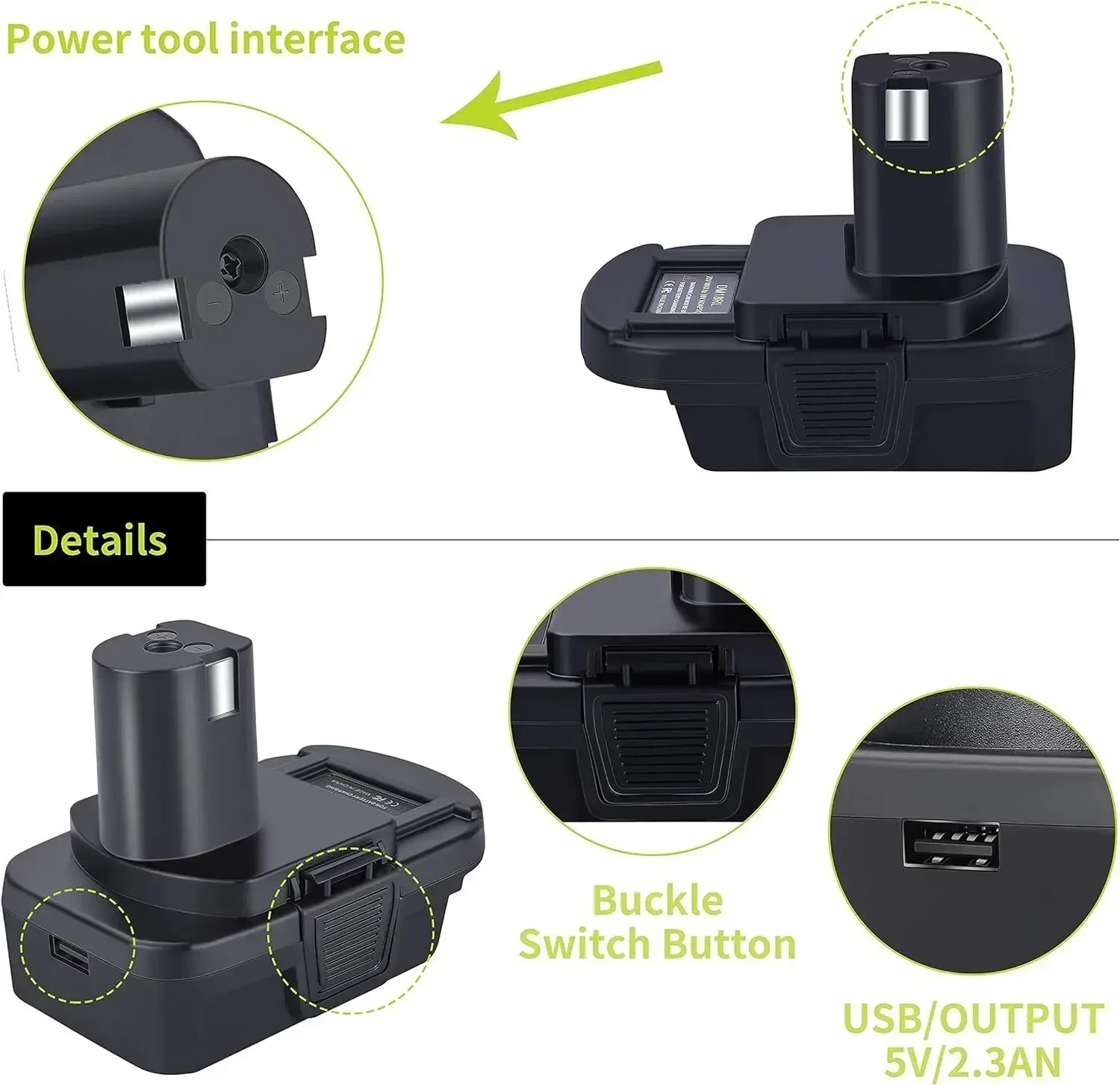 밀워키 배터리용 Ryobi 도구용 Dewalt용 USB 포트가 있는 배터리 어댑터 Ryobi 18V 리튬 이온 배터리용으로 변환