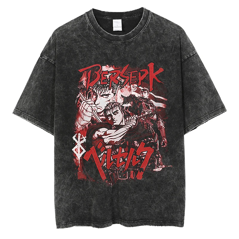 Anime Berserk Guts Acid Washed T Shirt 100% Cotton Shorts Skull Knight  Graphic Print Short Sleeves Vintage Harajuku Hip Hop Tops