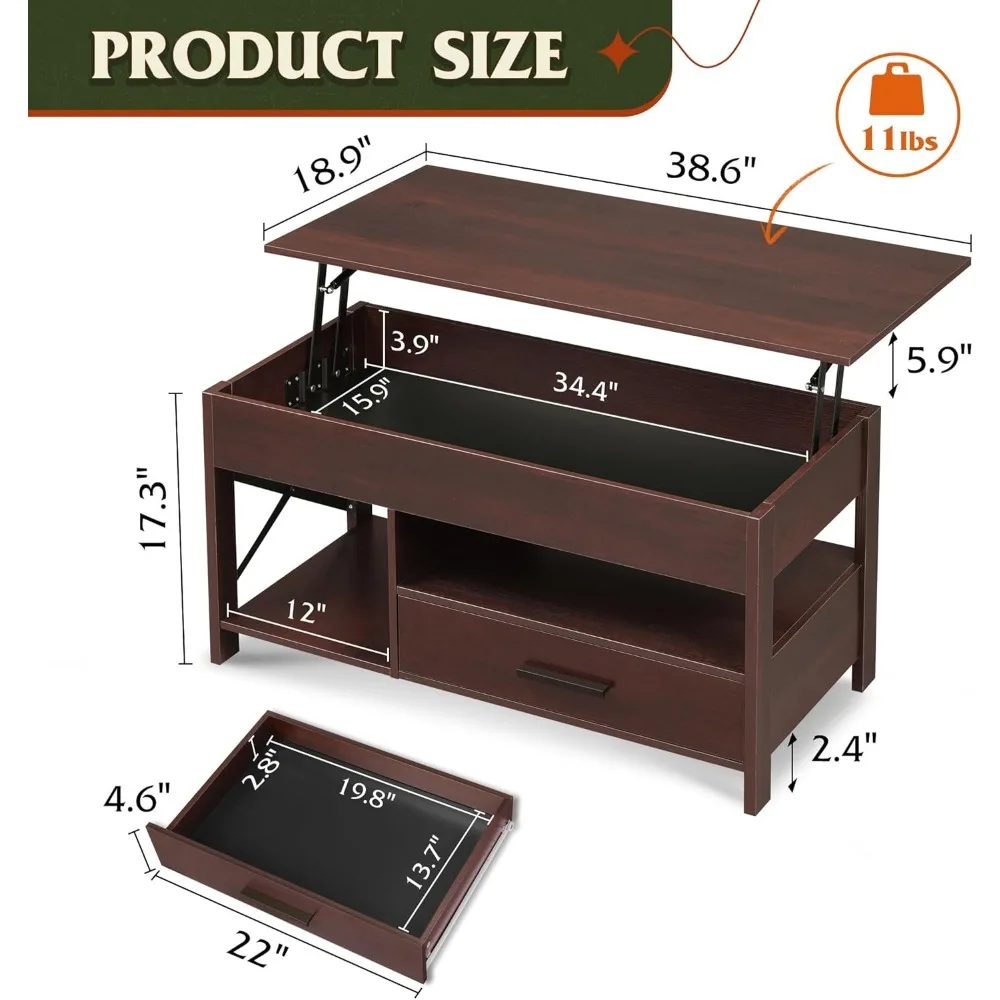 Coffee Table, 39" Lift Top Coffee Table with Hidden Compartment, Storage Drawers and Storage Shelf for Living Room, Reception 3