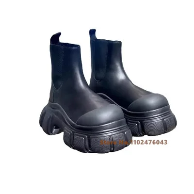 Thick Soled Round Toe Black Boots Women Fashion Real Leather Slip on Chelsea Short Boots  2023 New Designer Top Quality Shoes