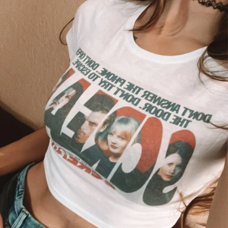 Cute Y2K Estetica Crop Baby Tee Call Me Ghostface Shirt Horror Movie Scream T-Shirt Funny Ghost Graphic Tee Harajuku Crop Tops