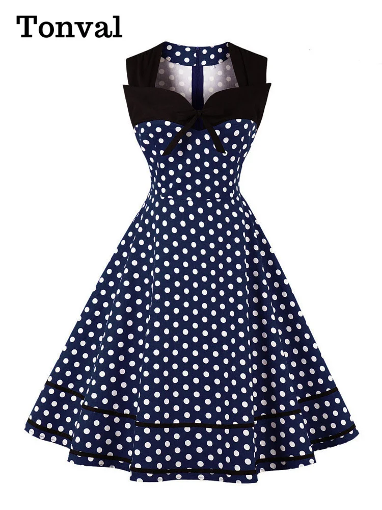 

Tonval Polka Dot 1950S Tie Sweetheart Neck Summer Dress Women Party Elegant Vintage Sleeveless Rockabilly Pinup Dresses