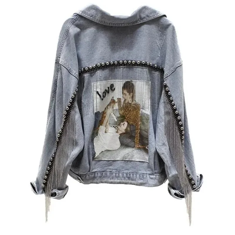 

Женская джинсовая куртка Nice, Повседневная Свободная куртка-бомбер с длинными рукавами и заклепками, с бахромой, уличная одежда для осени