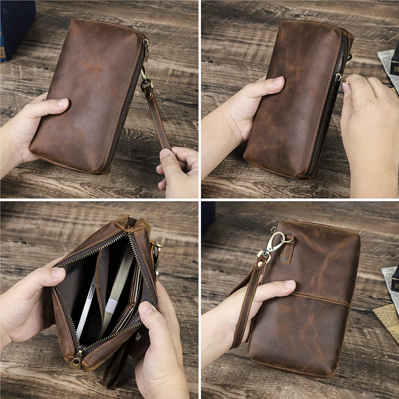 Contacts Men RFID Genuine Leather Clutch Bag Wallet Phone Holder