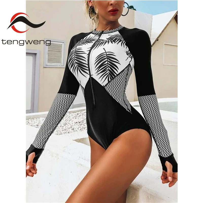 

Sexy Rash Guard Women Swimsuit 2024 One Piece Long Sleeve Bodysuit Zip Front Bathing Suit Leaf Print Beachwear Surf Monokini