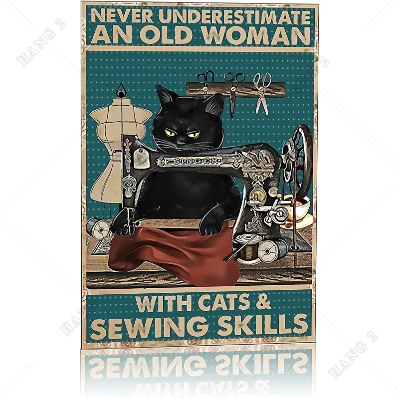 

Black Cat Old Lady Metal Tin Sign Bar Classic Retro People Cave Wall Decoration That Never Had Cat Sewing Skills