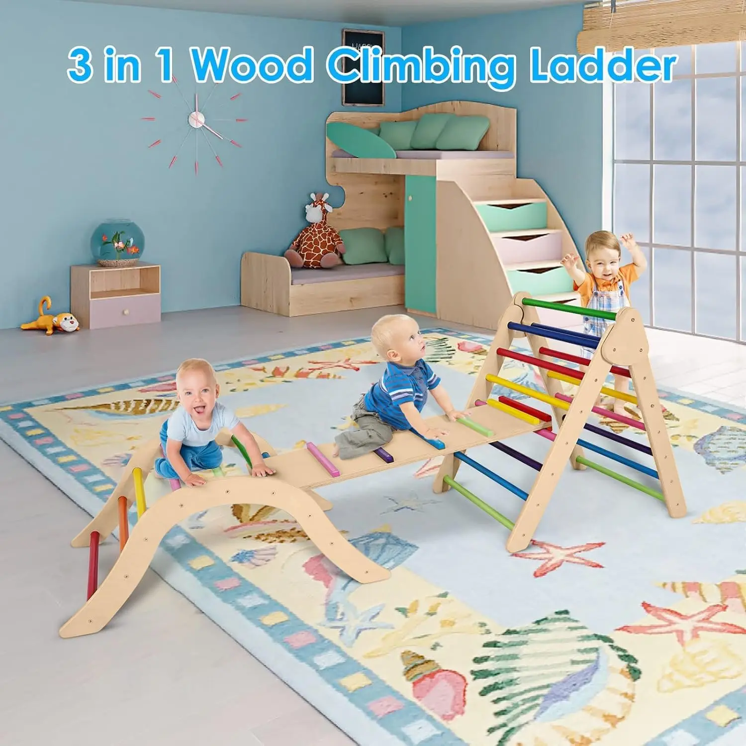 5 in 1 Wooden Montessori Climbing Set with Arch/Ladder/Ramp Foldable Climbing Toys Fun Indoor Playground Jungle Play Gym Rainbow 5