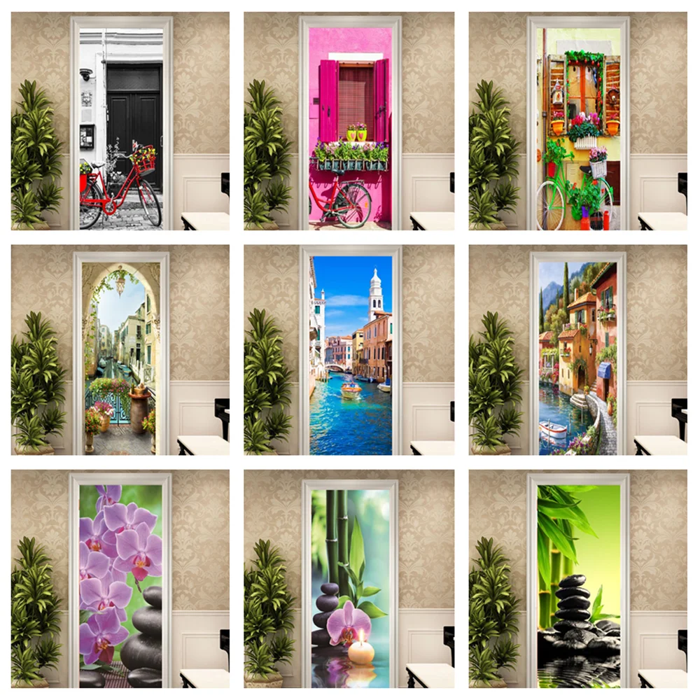 

Water City Scenery DIY Door Wall Stickers Bicycle Home Decor Living Room Porch Art Mural Self-adhesive Waterproof PVC Wallpaper