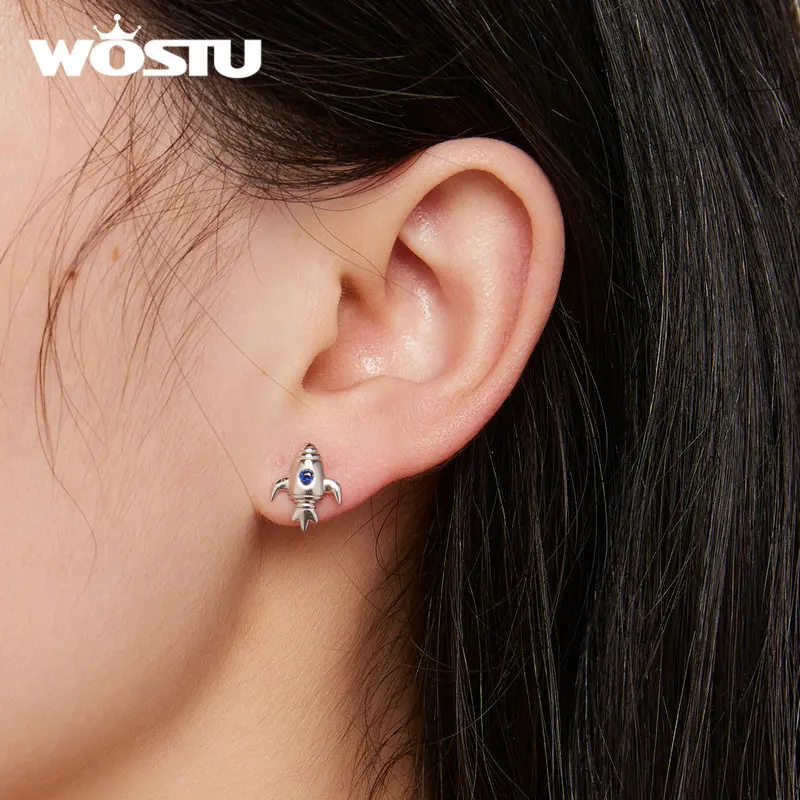 WOSTU 925 Sterling Siler Creative Spaceman Spacecraft Asymmetric Opening Rings Rainbow Stud Earrings Girl Birthday Jewelry Gift 3