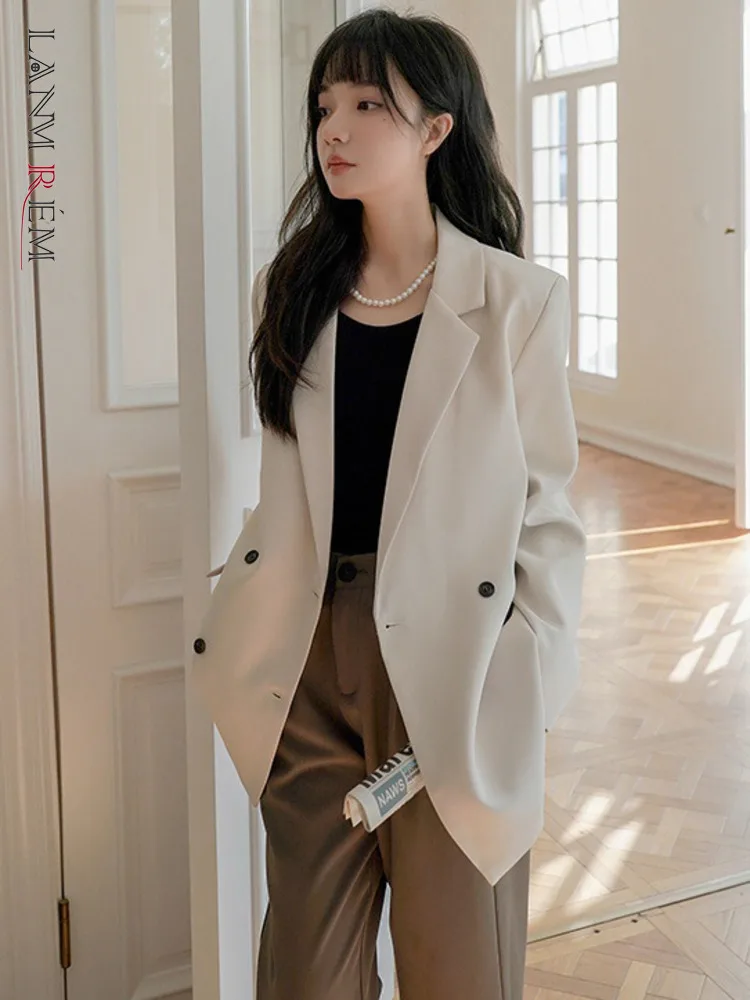 

LANMREM Double Breasted Blazers For Women Notched Long Sleeves Coats Office Lady Loose Casual Clothing 2024 Spring New 2YA1415
