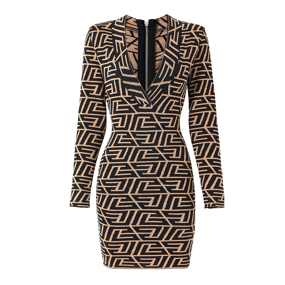 

2023 Spring New Fashion Sexy Long Sleeve Knitted Geometric Pattern V-Neck Zipper Waist Pack Hip Women's Dress