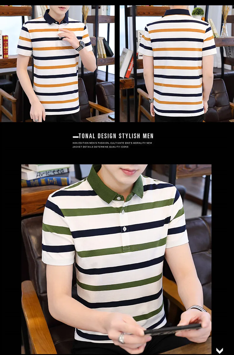 Summer new men's short-sleeved T-shirt striped cotton thin section business lapel men's polo shirt men's models 16 S013920039db24de5b0ef357f9b0774c2C