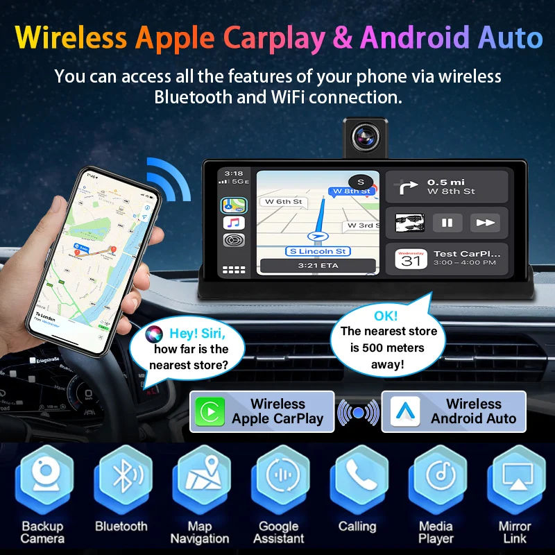 10.26" 4K Dash Cam Carplay Android Auto GPS 5G WIFI FM BT Car Dvr 350 ° Rotation Dual Lens Dashcam Truck Camera Drive Recorder